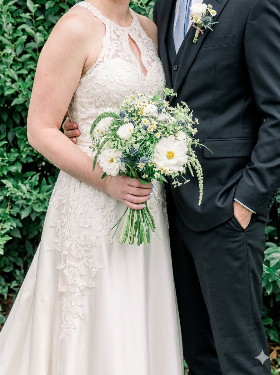 A bride and groom with a loose wildflower bouquet of white cosmos, daisies and blue thistle