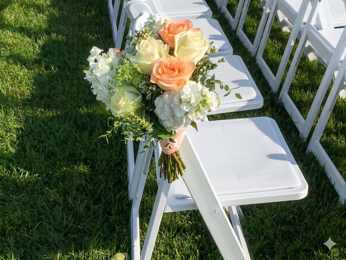 An aisle bouquet of peach and cream roses tied to a white ceremony chair on the lawn