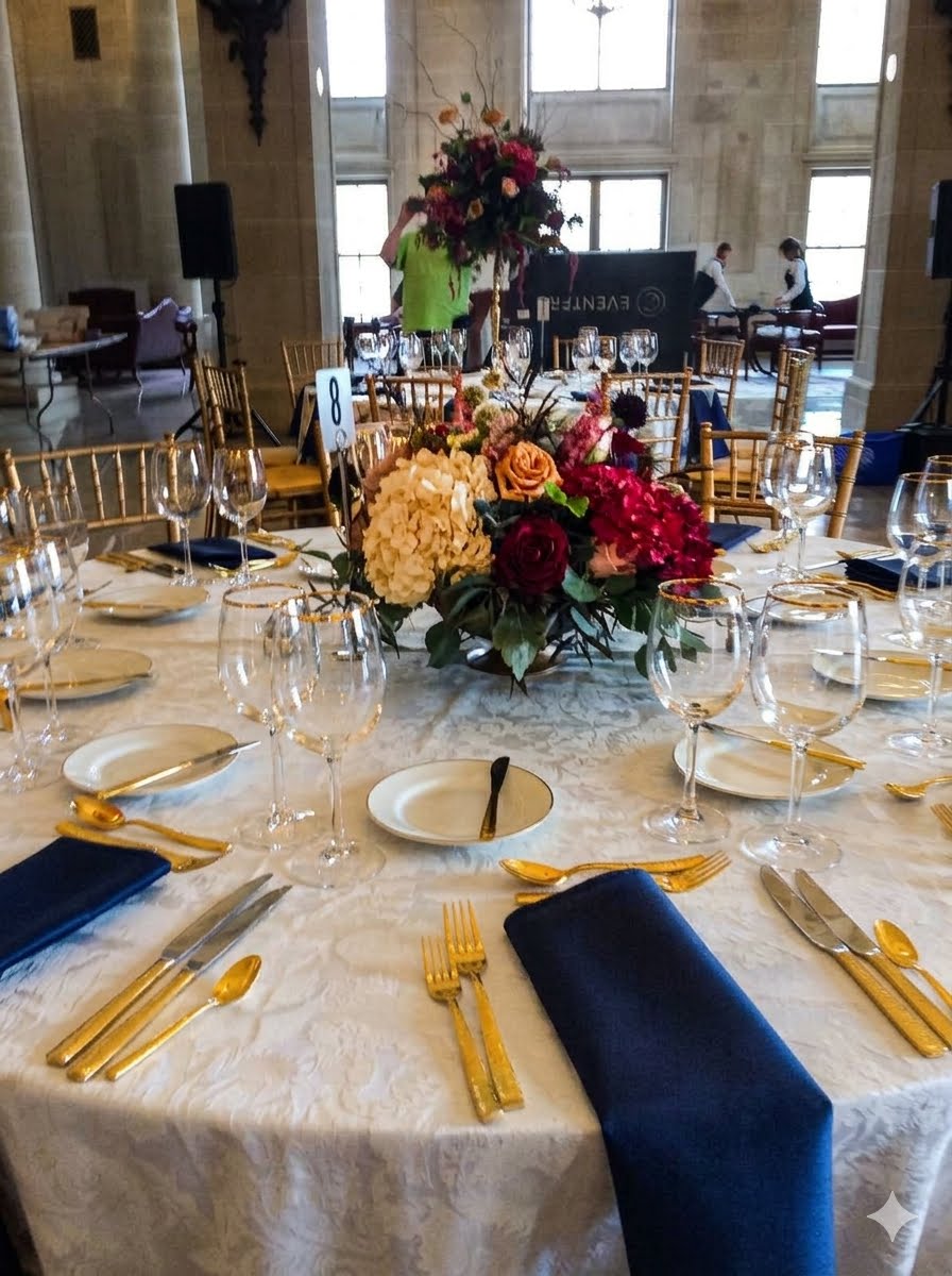 Ballroom table with a low burgundy and peach centrepiece, navy napkins and gold flatware