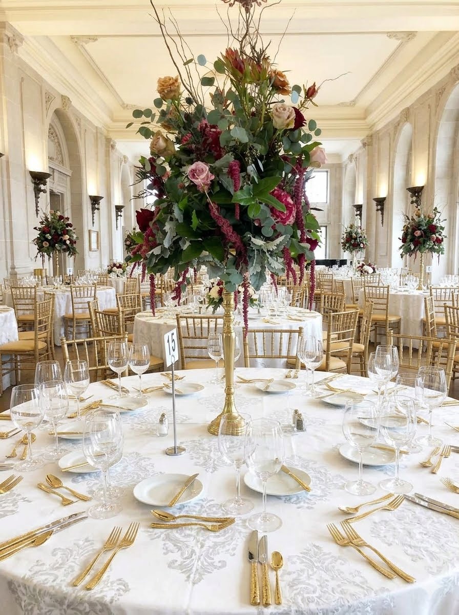 Grand ballroom set with tall gold candelabra arrangements of burgundy roses and amaranthus