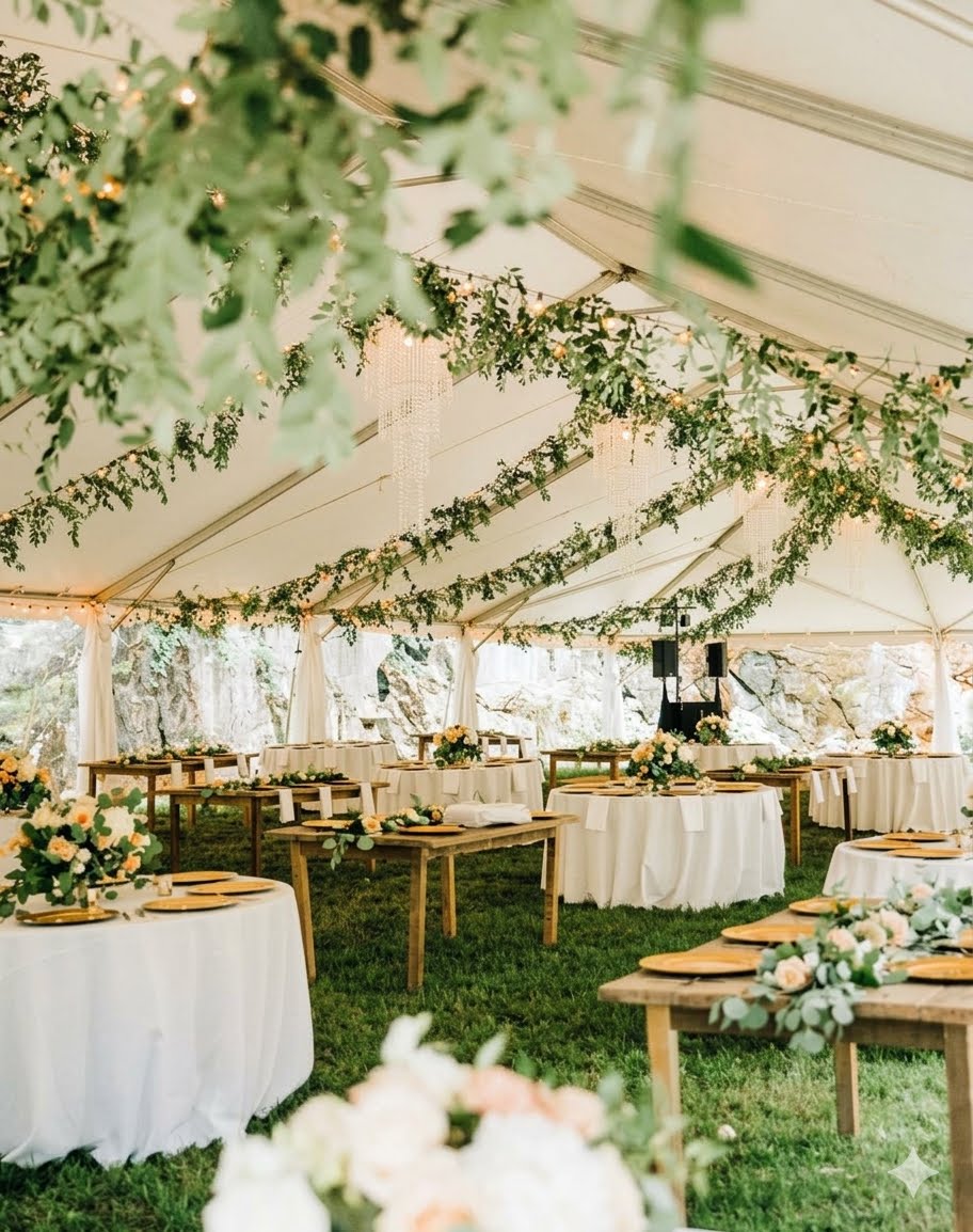Tented wedding reception with hanging greenery, string lights and crystal chandeliers above farm tables