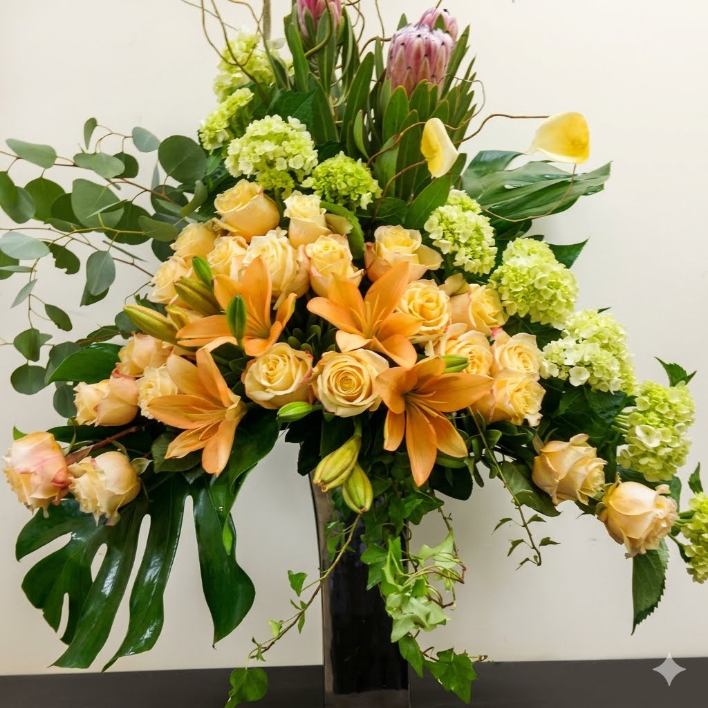 A tall statement arrangement of protea, peach lilies, roses and green hydrangea in a black vase