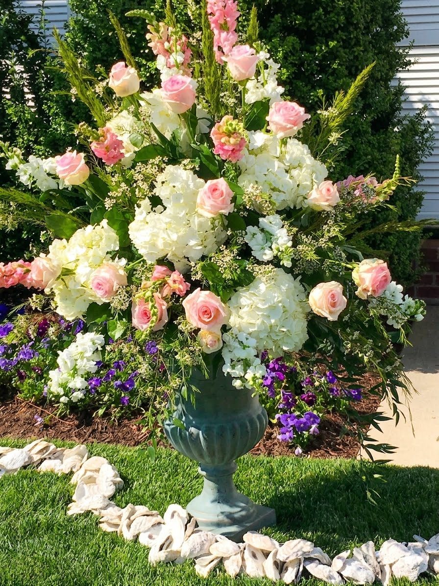 A tall urn of white hydrangea, blush roses and snapdragons standing in a summer garden